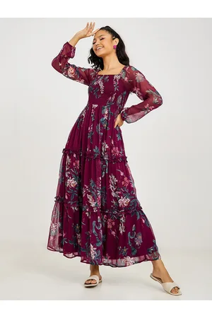 Styli Burgundy Long Sleeves Floral Print A-Line Maxi Dress with Ruffle Detail