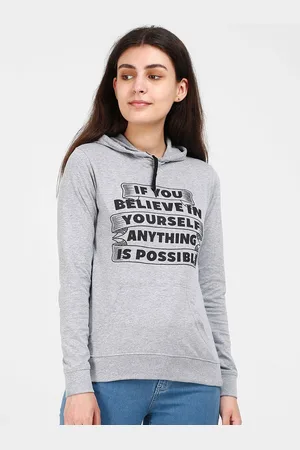 Fleximaa Women Grey Printed Hooded Cotton Sweatshirt