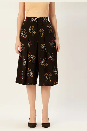 Sera Women Black & Mustard Yellow Straight Fit Floral Print Cropped Culottes