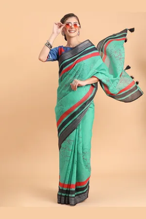 Sangria Sea Green & Red Tie and Dye Pure Linen Saree