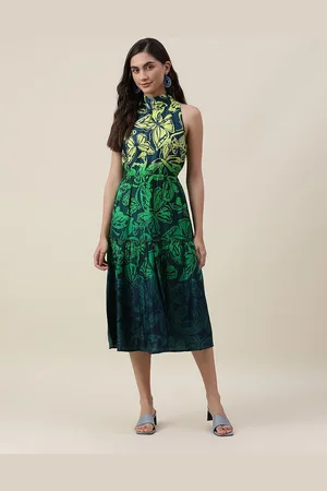 Fabindia Women Teal & Yellow Floral Printed Midi Dress