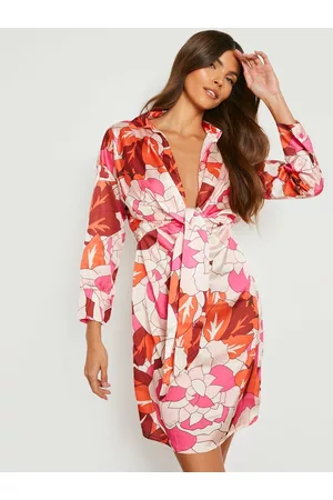 Boohoo Pink & Orange Satin Floral Shirt Dress