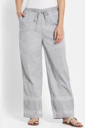 Fabindia Women Grey Embroidered Cotton Trousers