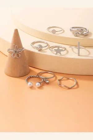 Jewels Galaxy Set Of 9 Silver-Plated Stone-Studded Adjustable Finger Ring