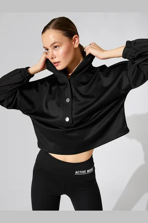 Koton Women Black Hooded Satin Finish Sweatshirt