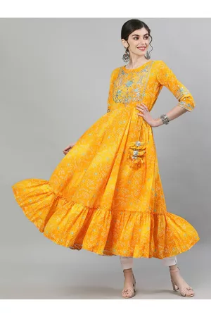 Ishin Women Yellow Bandhani Printed Anarkali Kurta