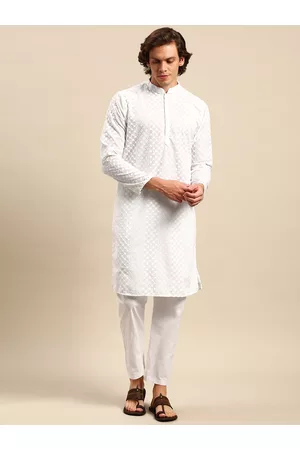 Anouk Men White Ethnic Motifs Embroidered Pure Cotton Kurta with Pyjamas