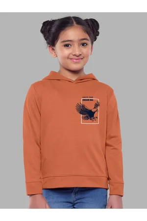 HELLCAT Girls Orange Printed Hooded Cotton Sweatshirt