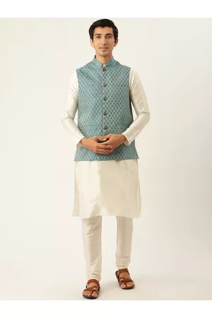 SOJANYA Men Off White Solid Kurta with Churidar & Nehru Jacket
