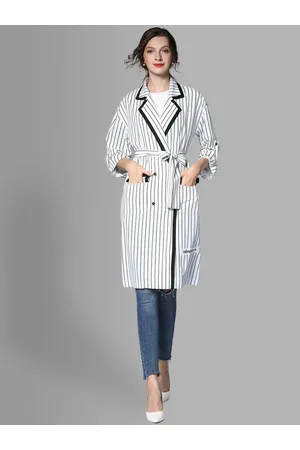 JC Collection Women White & Black Striped Double-Breasted Trench Coat