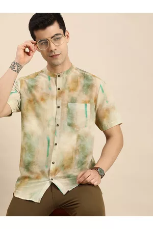 Anouk Men Beige And Green Tie And Dye Printed Casual Shirt