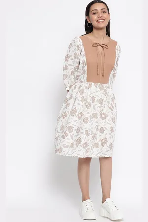 Fabindia Women White Floral Print Puff Sleeves Cotton Dress