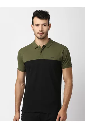 Pepe Jeans Men Black & Olive Green Colourblocked Polo Collar Slim Fit Cotton T-shirt
