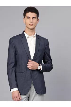 MANQ Men Navy Blue Slim Fit Solid Single-Breasted Formal Blazer