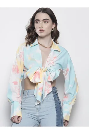 Boohoo Ombre Satin Finish Tie-Up Front Cropped Shirt Style Top