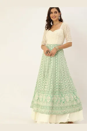 Ethnovog Green Off White Floral Embroidered Maxi Dress