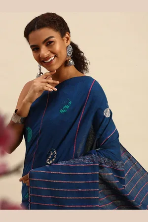 ArtEastri Navy Blue Embroidered Pure Cotton Khesh Kantha Saree With Blouse Piece