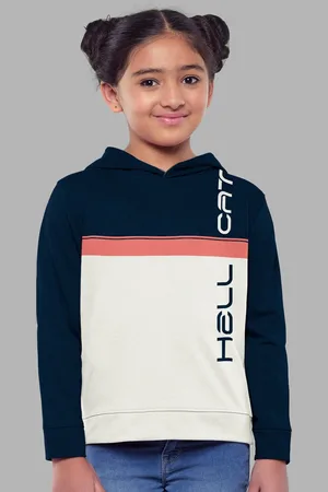 HELLCAT Girls Navy Blue Colourblocked Hooded Cotton Sweatshirt