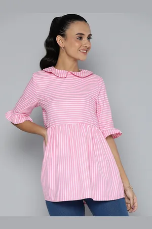 HERE&NOW Women Cotton Striped Peter Pan Collar Peplum Longline Top