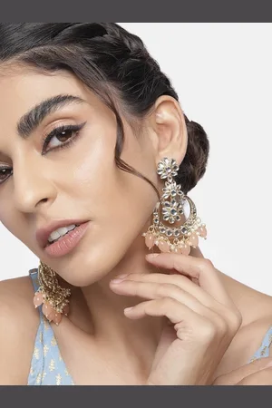 I Jewels Peach-Coloured Gold Plated Kundan & Faux Pearl Studded Chandbali Earrings