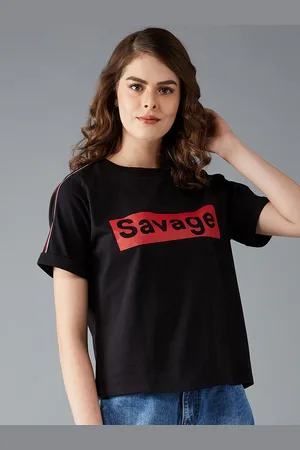 DOLCE CRUDO Women Black Printed Round Neck Pure Cotton T-shirt