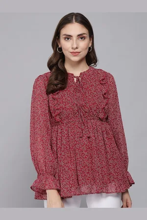 BEATNIK Floral Printed Tie-Up Neck Ruffles Empire Top