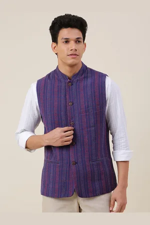 Fabindia Men Blue Striped Cotton Nehru Jackets