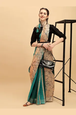 Sangria Beige & Green Tie and Dye Pure Linen Half and Half Saree