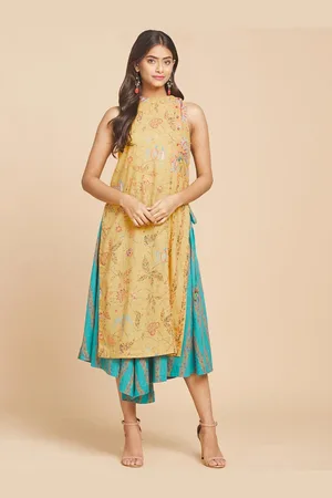 Fabindia Floral Printed Band Collar Pure Cotton Kurta