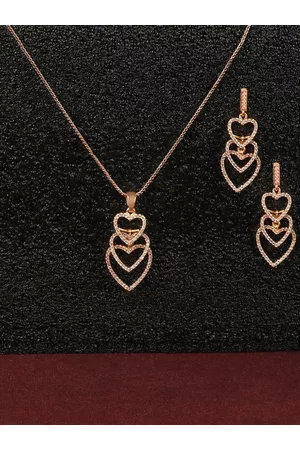 JEWELS GEHNA Rose Gold-Plated AD Studded Heart Shaped Pendant with Chain & Earrings