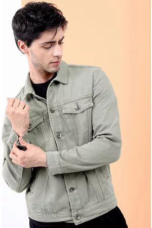 LocoMotive Men Olive Green Solid Denim Jacket