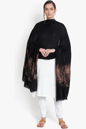 Mizash Women Black Peacock Feather Printed Woolen Shawl