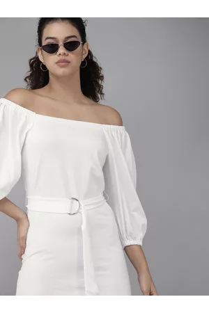 Roadster White Solid Off-Shoulder Sheath Dress
