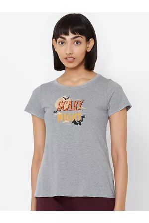 Soie Women Grey Melange & Yellow Printed Lounge T-shirt
