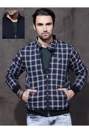 Roadster Men Blue Checked Reversible Bomber Jacket