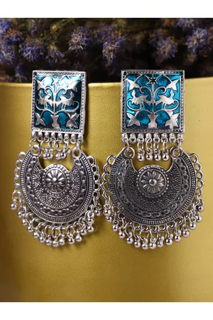 Veni Women Silver-Plated Oxidised Contemporary Chandbalis Earrings