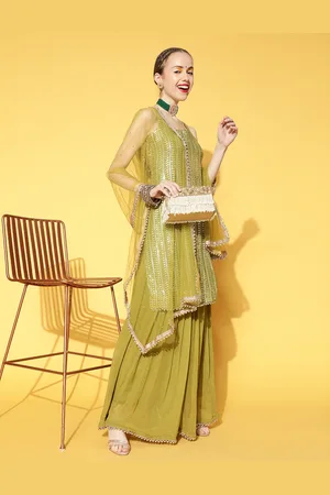Chhabra 555 Women Olive Poly Georgette Bling it On Kurta Set