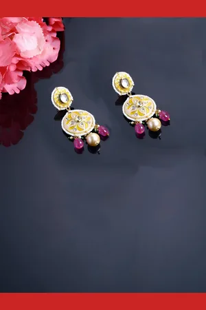 DUGRISTYLE Pink Contemporary Kundan & Pearls Studded Drop Earrings