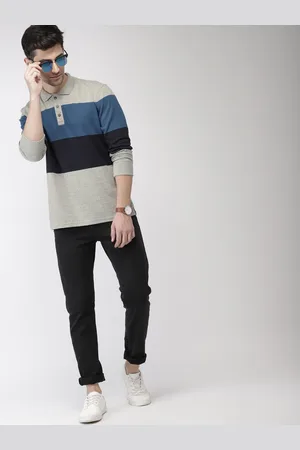 Celio Men Grey & Blue Colourblocked Polo Collar T-shirt