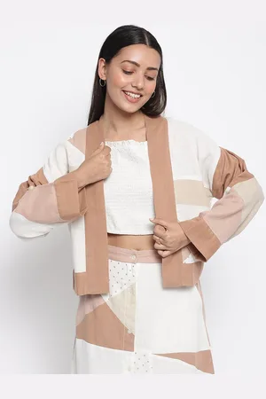 Fabindia Women Cotton White & Brown Abstract Printed Shrug