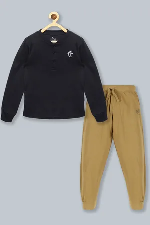 KiddoPanti Kids Black & Khaki-Coloured Solid Pure Cotton Tracksuit