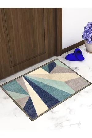 Athom Trendz Set Of 3 Beige & Blue Printed Premium Anti-Skid Doormats