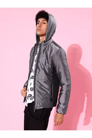 WROGN Men Grey Solid Hooded Padded Jacket