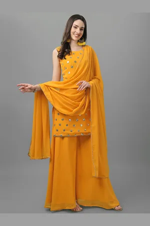 ASPORA Women Yellow Ethnic Motifs Embroidered Sequinned Kurti with Sharara & With Dupatta