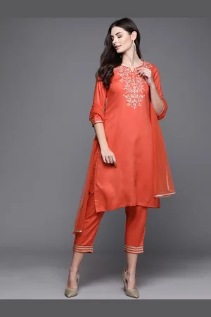 Biba Women Orange Embroidered Kurta with Trousers & Dupatta