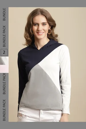 Fabflee Women Pack Of 2 Full Sleeves Cotton Colourblocked T-shirt