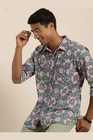 Taavi Men Green & Green Sanganeri Floral Printed Cotton Casual Shirt