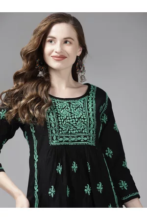 ADAM Co. Black & Green Floral Embroidered Chikankari Handloom Kurti