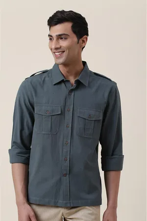 Fabindia Men Teal Solid Cotton Regular Fit Casual Shirt