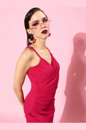 ATHENA Fuchsia Pink Shoulder Straps Side Gathered Maxi Dress